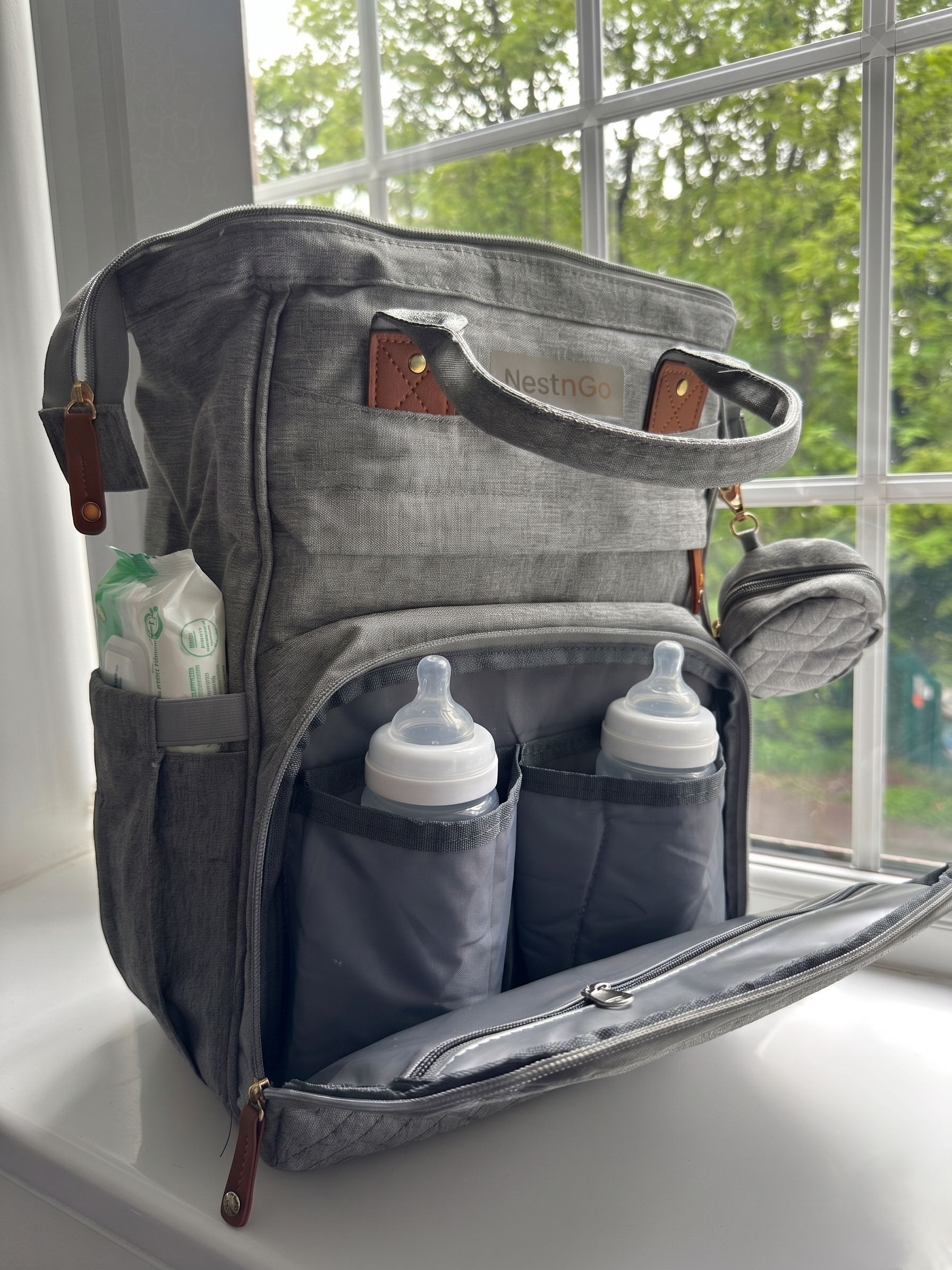 NestnGo baby changing backpack lifestyle shot — parent carrying bag on pushchair