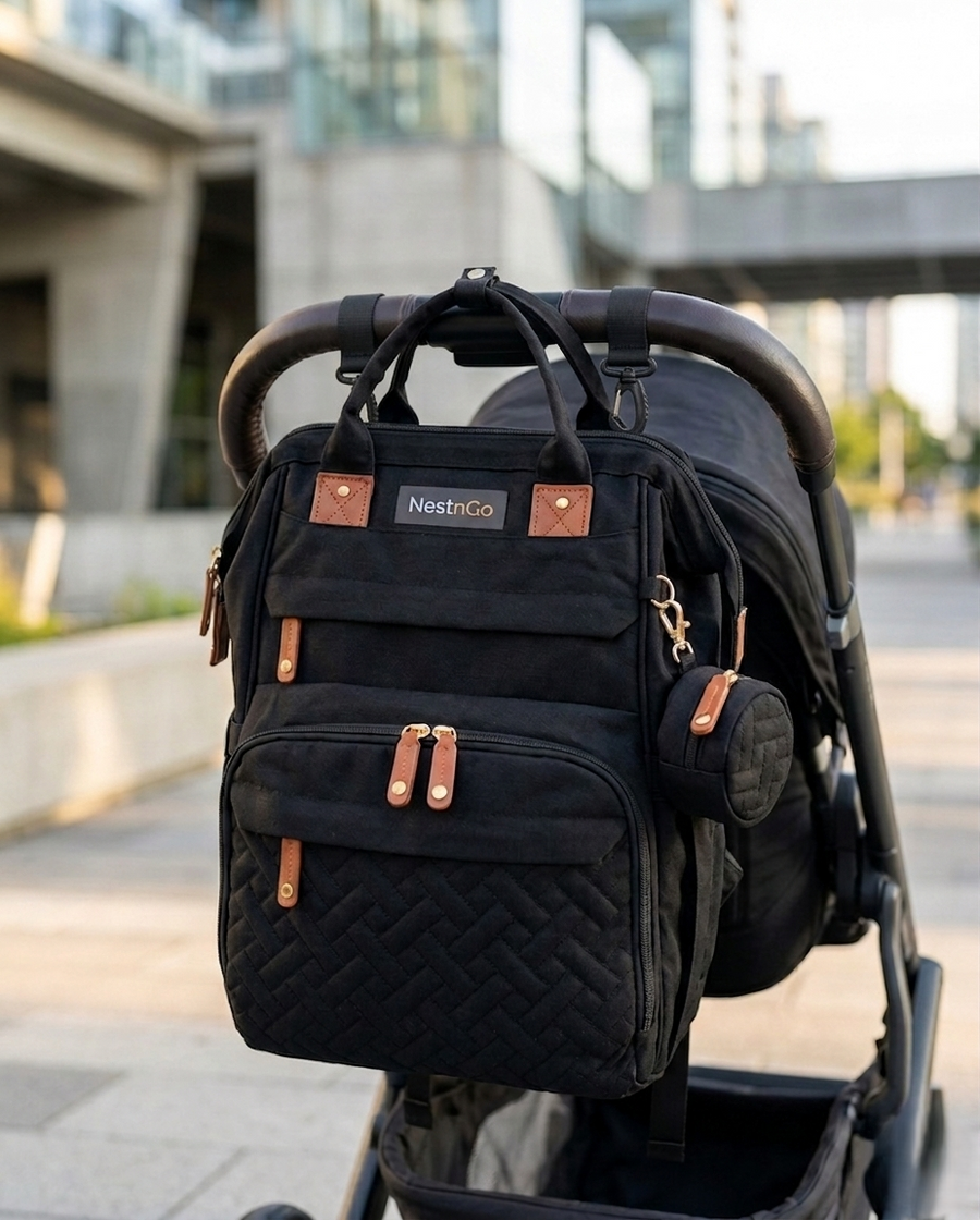 Universal pram clips on the NestnGo changing bag